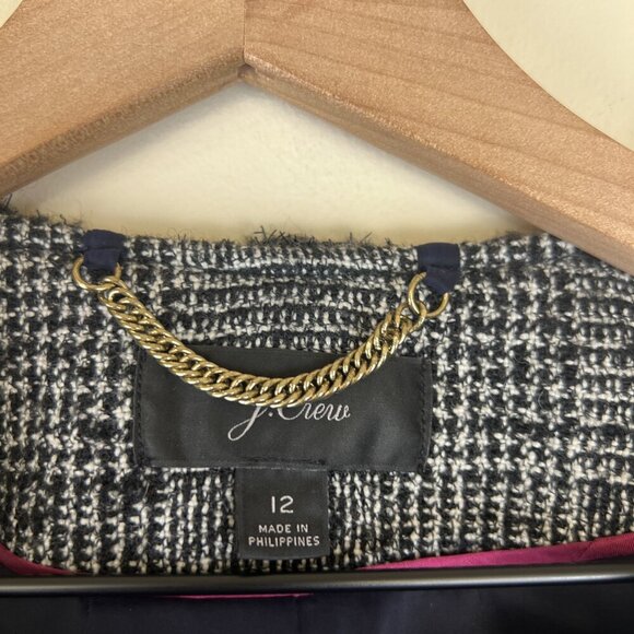 J. Crew Black White Glen Plaid Braided Trim Tweed Jacket Blazer - Picture 4 of 6